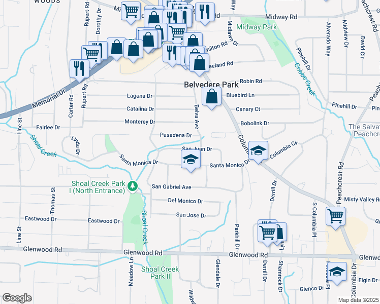 map of restaurants, bars, coffee shops, grocery stores, and more near 3043 San Juan Drive in Decatur