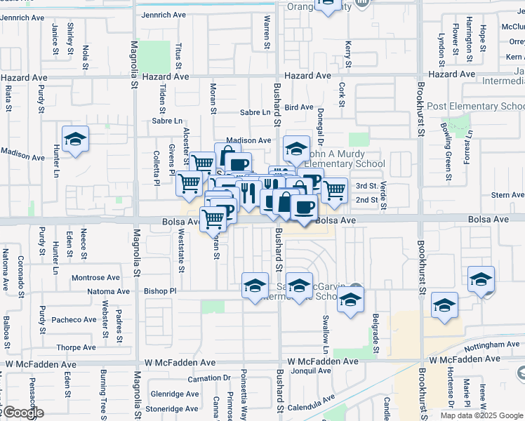 map of restaurants, bars, coffee shops, grocery stores, and more near 9433 Bolsa Avenue in Westminster