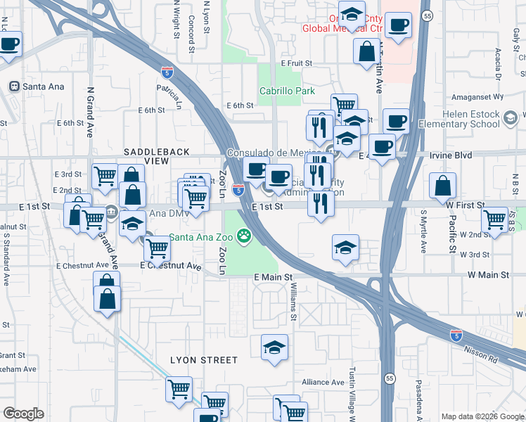 map of restaurants, bars, coffee shops, grocery stores, and more near 1810 East 1st Street in Santa Ana