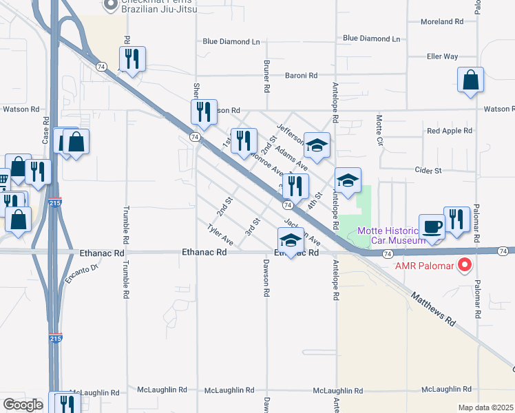 map of restaurants, bars, coffee shops, grocery stores, and more near 27702 Van Buren Avenue in Romoland