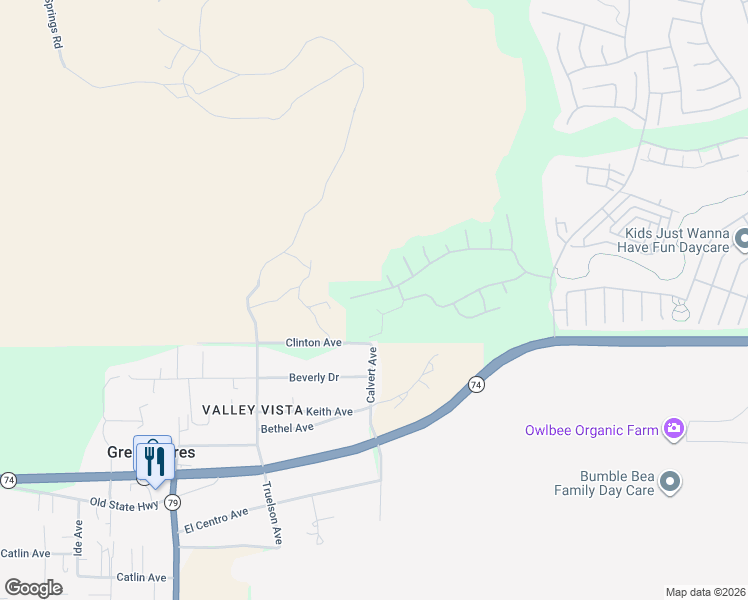 map of restaurants, bars, coffee shops, grocery stores, and more near 9225 Stephenson Lane in Hemet