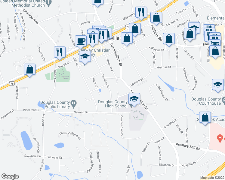map of restaurants, bars, coffee shops, grocery stores, and more near 8660 Bowden St in Douglasville
