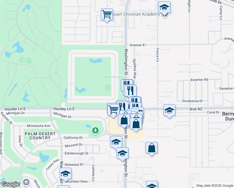 map of restaurants, bars, coffee shops, grocery stores, and more near 41786 Woodhaven Drive West in Palm Desert