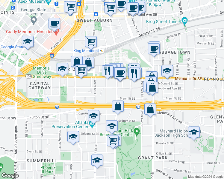 map of restaurants, bars, coffee shops, grocery stores, and more near 411 Woodward Avenue Southeast in Atlanta