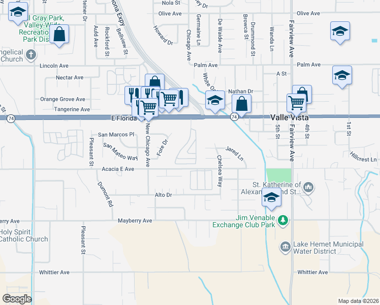 map of restaurants, bars, coffee shops, grocery stores, and more near 43601 California 74 in Hemet