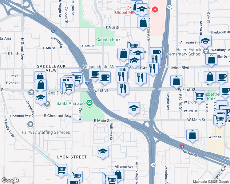 map of restaurants, bars, coffee shops, grocery stores, and more near 2010 East 1st Street in Santa Ana