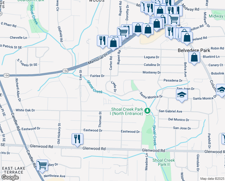 map of restaurants, bars, coffee shops, grocery stores, and more near 1625 Linda Drive in Decatur