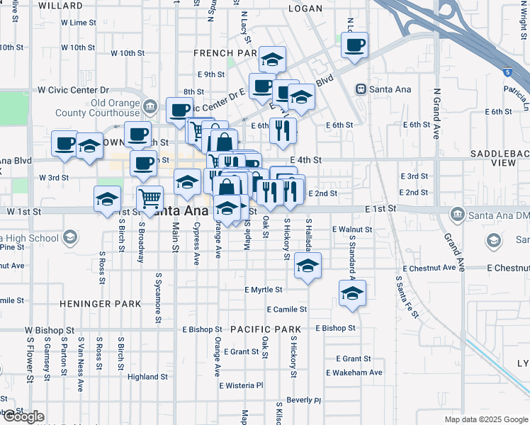 map of restaurants, bars, coffee shops, grocery stores, and more near 552 East 1st Street in Santa Ana