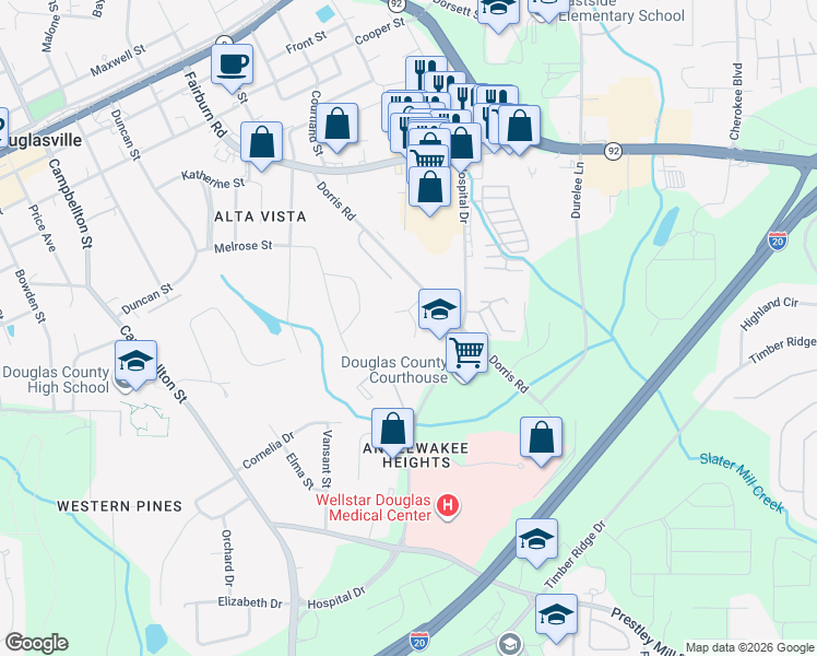 map of restaurants, bars, coffee shops, grocery stores, and more near 8633 Waterford Way in Douglasville