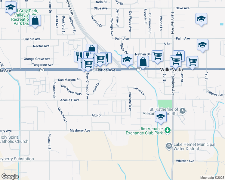 map of restaurants, bars, coffee shops, grocery stores, and more near 43601 California 74 in Hemet
