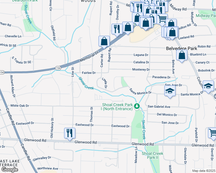 map of restaurants, bars, coffee shops, grocery stores, and more near 1624 Linda Drive in Decatur