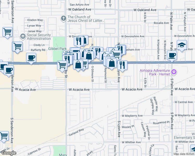 map of restaurants, bars, coffee shops, grocery stores, and more near 2040 West Acacia Avenue in Hemet