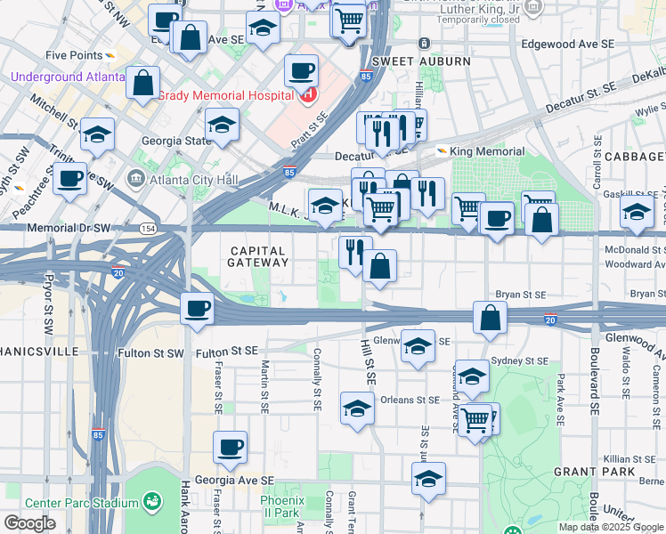 map of restaurants, bars, coffee shops, grocery stores, and more near 341 Kelly Street Southeast in Atlanta