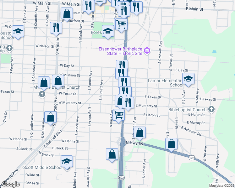 map of restaurants, bars, coffee shops, grocery stores, and more near 219 West Texas Street in Denison