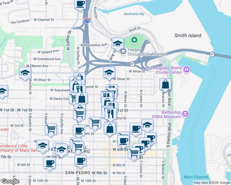 map of restaurants, bars, coffee shops, grocery stores, and more near 470 West Sepulveda Street in Los Angeles