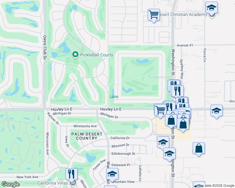 map of restaurants, bars, coffee shops, grocery stores, and more near 41715 Woodhaven Drive West in Palm Desert