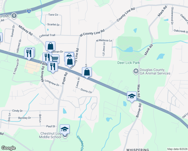 map of restaurants, bars, coffee shops, grocery stores, and more near 2232 Fairburn Road in Douglasville