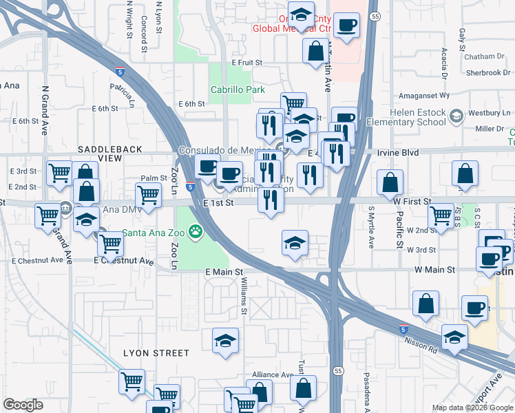 map of restaurants, bars, coffee shops, grocery stores, and more near 2010 East 1st Street in Santa Ana