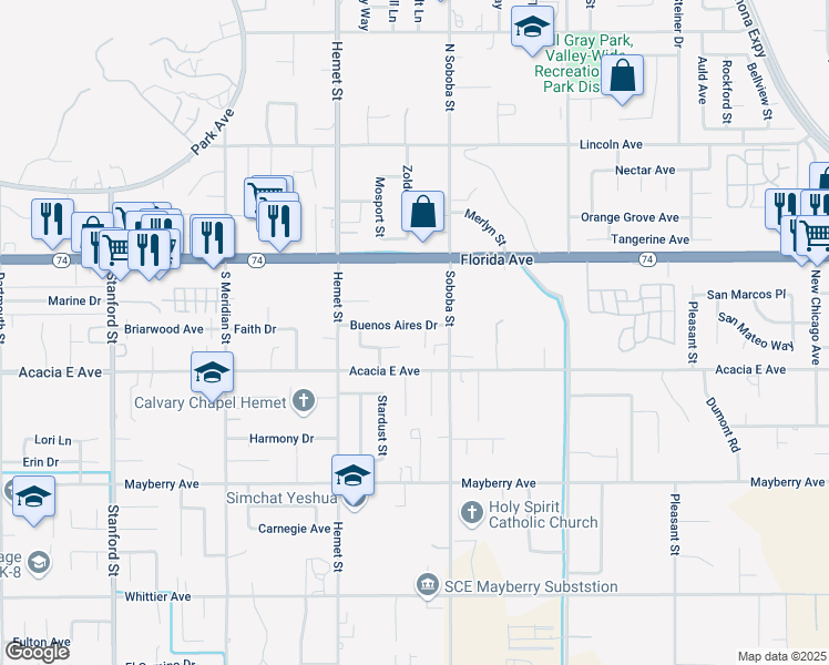 map of restaurants, bars, coffee shops, grocery stores, and more near 42449 Buenos Aires Drive in Hemet