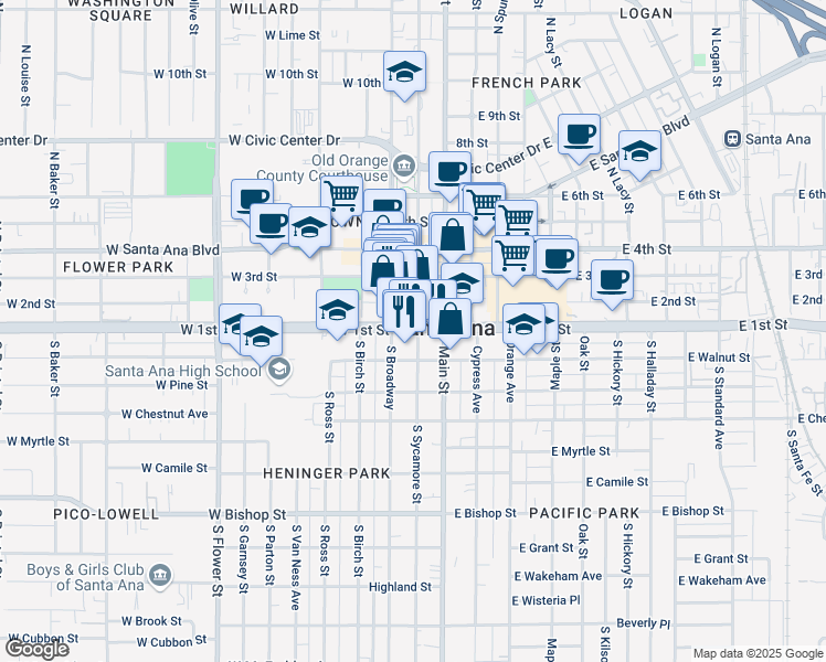 map of restaurants, bars, coffee shops, grocery stores, and more near 114 West 1st Street in Santa Ana