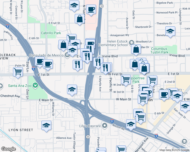 map of restaurants, bars, coffee shops, grocery stores, and more near 750 West First Street in Tustin