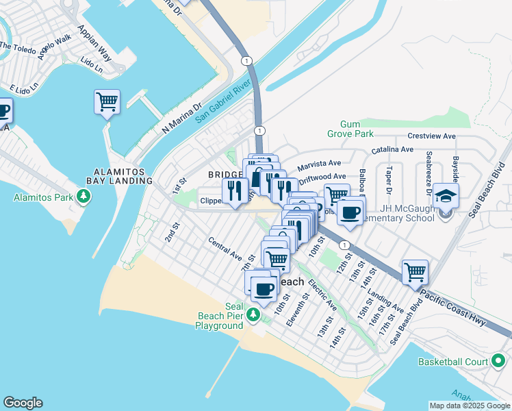 map of restaurants, bars, coffee shops, grocery stores, and more near 620 Pacific Coast Highway in Seal Beach