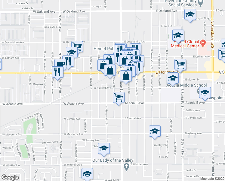 map of restaurants, bars, coffee shops, grocery stores, and more near 205 West Kimball Avenue in Hemet