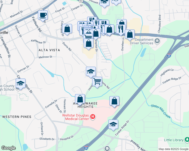 map of restaurants, bars, coffee shops, grocery stores, and more near 8657 Dorris Road in Douglasville