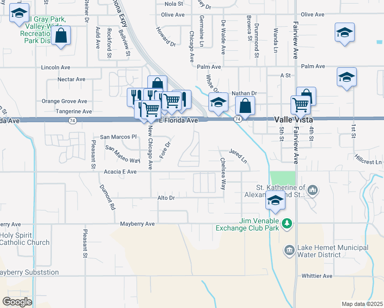 map of restaurants, bars, coffee shops, grocery stores, and more near 43601 California 74 in Hemet