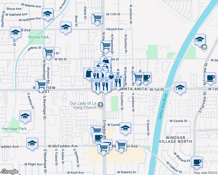 map of restaurants, bars, coffee shops, grocery stores, and more near 3711 West 1st Street in Santa Ana