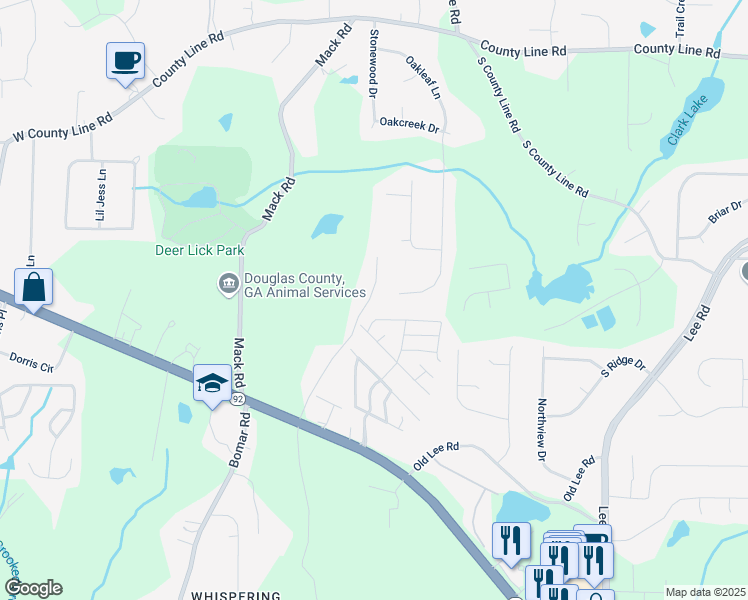 map of restaurants, bars, coffee shops, grocery stores, and more near 2192 Stenger Road in Douglasville
