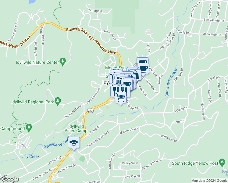 map of restaurants, bars, coffee shops, grocery stores, and more near 25051 California 243 in Idyllwild-Pine Cove