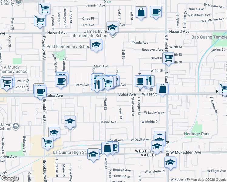 map of restaurants, bars, coffee shops, grocery stores, and more near 10567 Bolsa Avenue in Garden Grove
