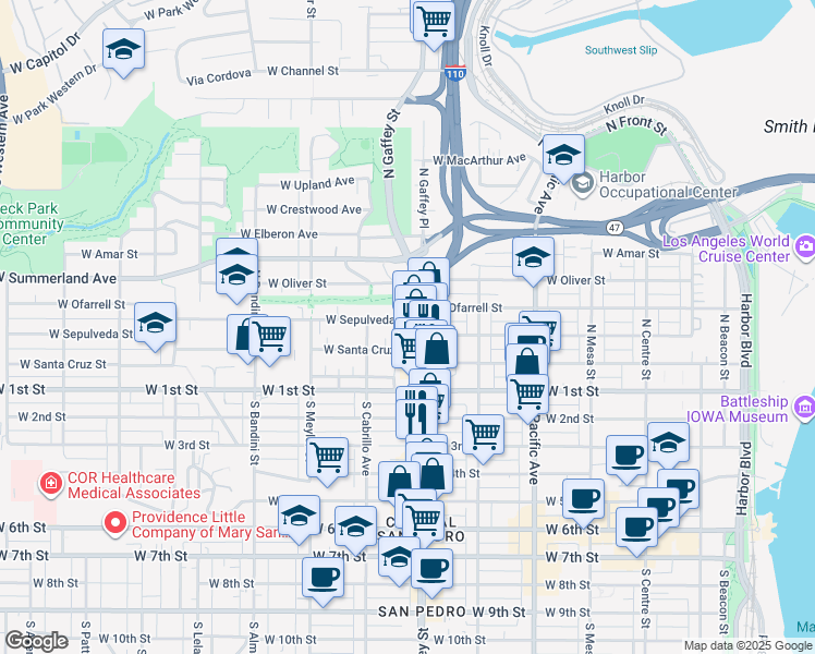 map of restaurants, bars, coffee shops, grocery stores, and more near 725 West Sepulveda Street in Los Angeles