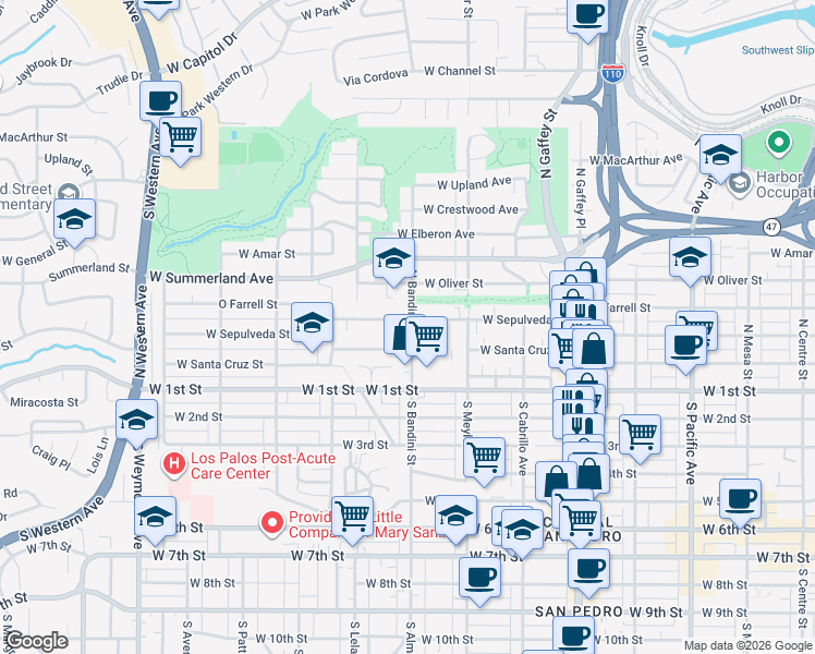 map of restaurants, bars, coffee shops, grocery stores, and more near 1003 West Sepulveda Street in Los Angeles