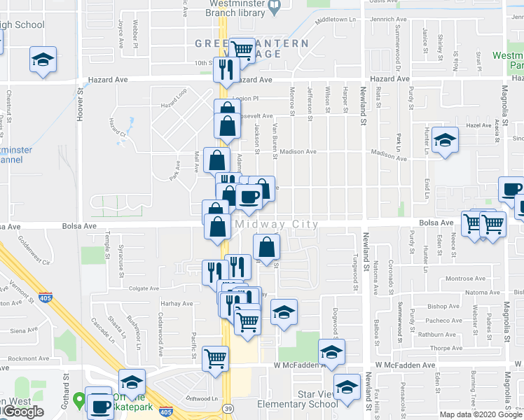 map of restaurants, bars, coffee shops, grocery stores, and more near 14932 Jackson Street in Midway City