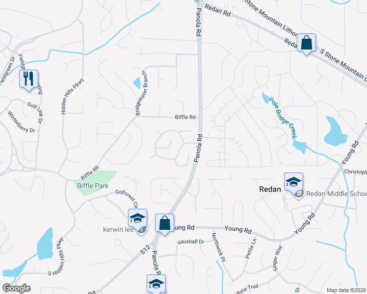 map of restaurants, bars, coffee shops, grocery stores, and more near 5431 Biffle Downs Road in Stone Mountain