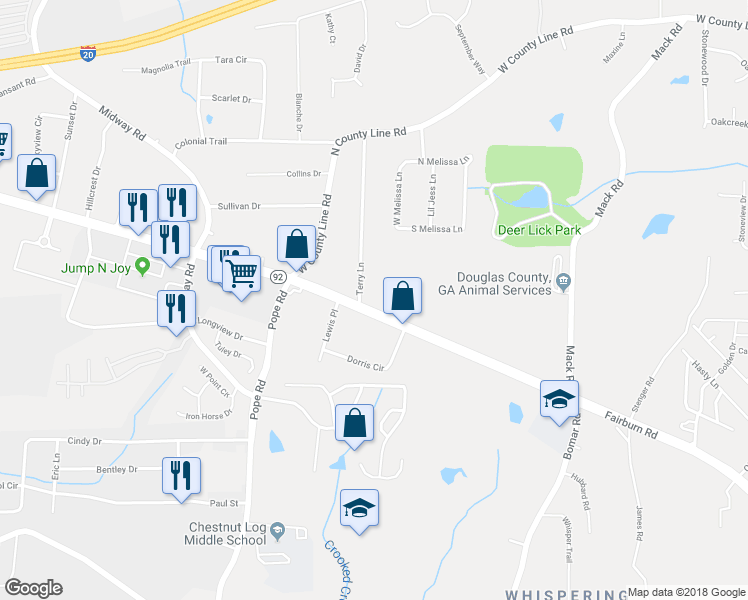 map of restaurants, bars, coffee shops, grocery stores, and more near 2214 Fairburn Road in Douglasville