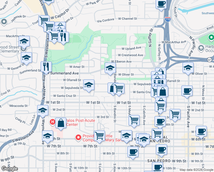 map of restaurants, bars, coffee shops, grocery stores, and more near 1085 West Sepulveda Street in Los Angeles