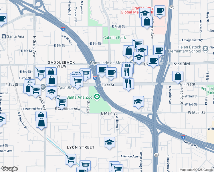 map of restaurants, bars, coffee shops, grocery stores, and more near 1818 East 1st Street in Santa Ana