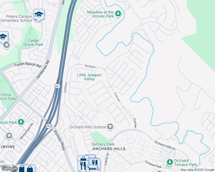 map of restaurants, bars, coffee shops, grocery stores, and more near 109 Treasure in Irvine
