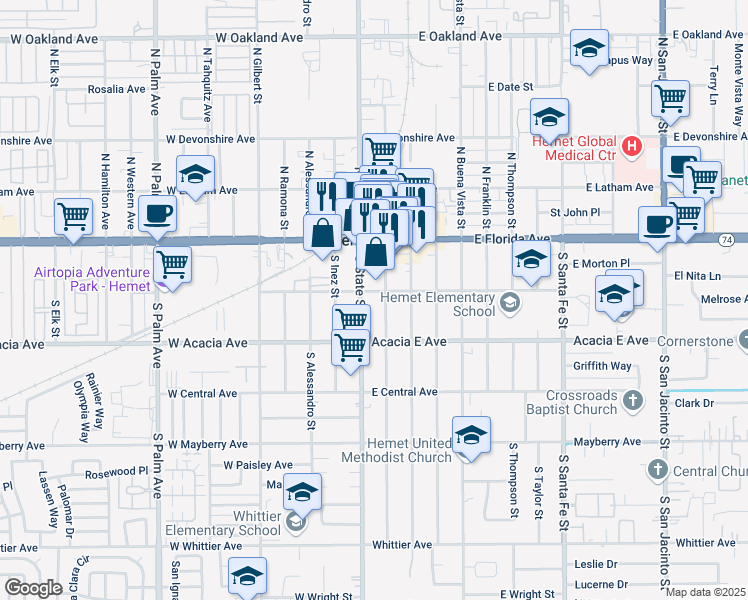 map of restaurants, bars, coffee shops, grocery stores, and more near 101 East Kimball Avenue in Hemet