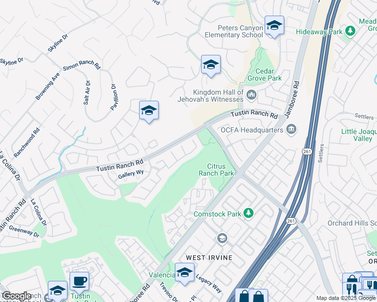 map of restaurants, bars, coffee shops, grocery stores, and more near 11865 North Riviera in Tustin