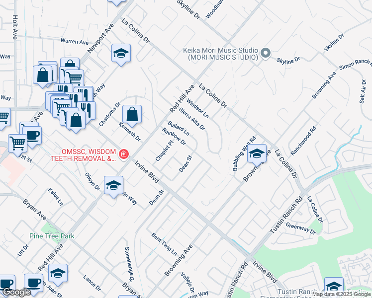 map of restaurants, bars, coffee shops, grocery stores, and more near 1672 Rainbow Drive in Santa Ana