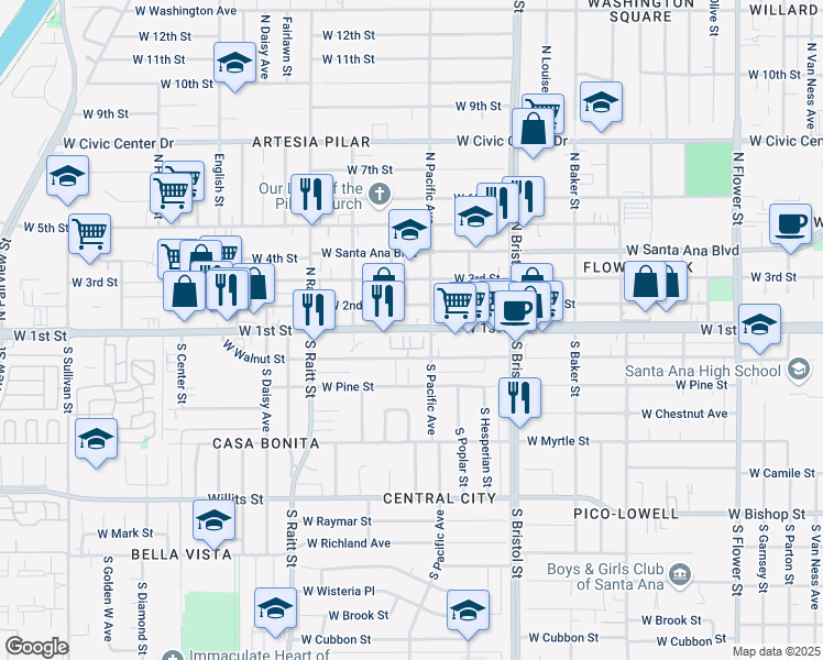 map of restaurants, bars, coffee shops, grocery stores, and more near 1525 West 1st Street in Santa Ana