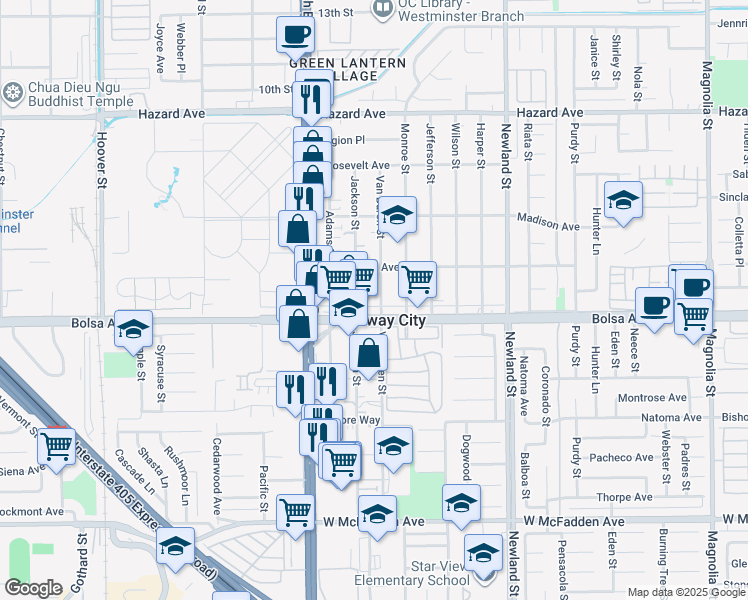 map of restaurants, bars, coffee shops, grocery stores, and more near 14932 Jackson Street in Midway City