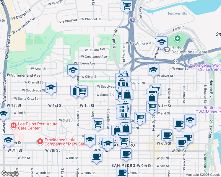 map of restaurants, bars, coffee shops, grocery stores, and more near 787 West Sepulveda Street in Los Angeles