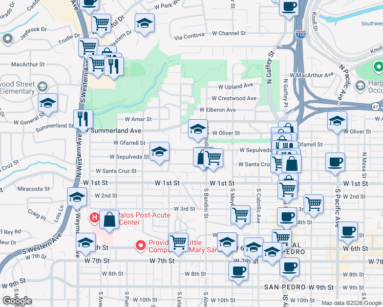 map of restaurants, bars, coffee shops, grocery stores, and more near 1085 West Sepulveda Street in Los Angeles