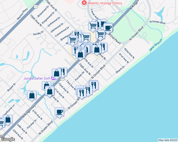 map of restaurants, bars, coffee shops, grocery stores, and more near 15 Shaddowood Court in Myrtle Beach