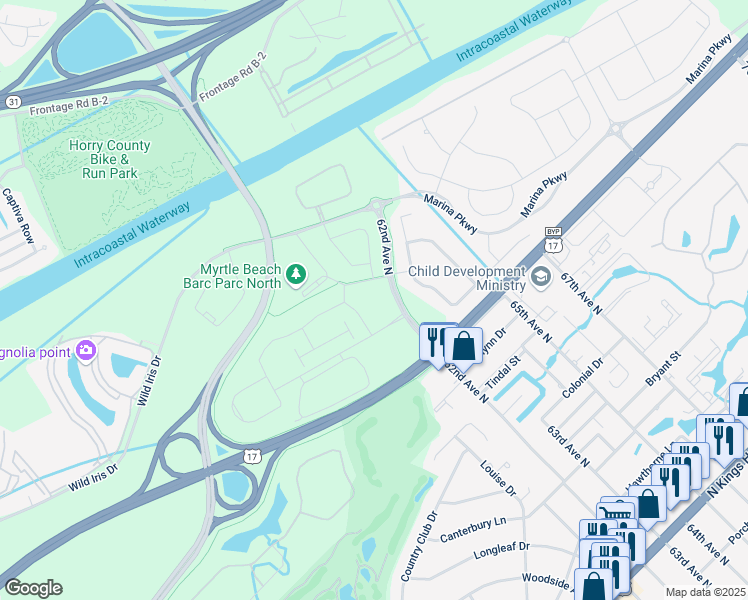 map of restaurants, bars, coffee shops, grocery stores, and more near 6200 Garda Lane in Myrtle Beach